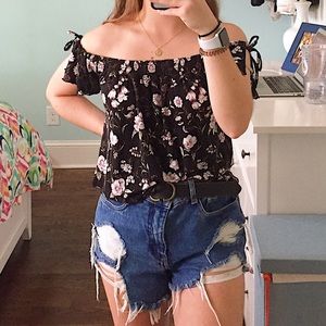 Off the Shoulder Black Flower Top